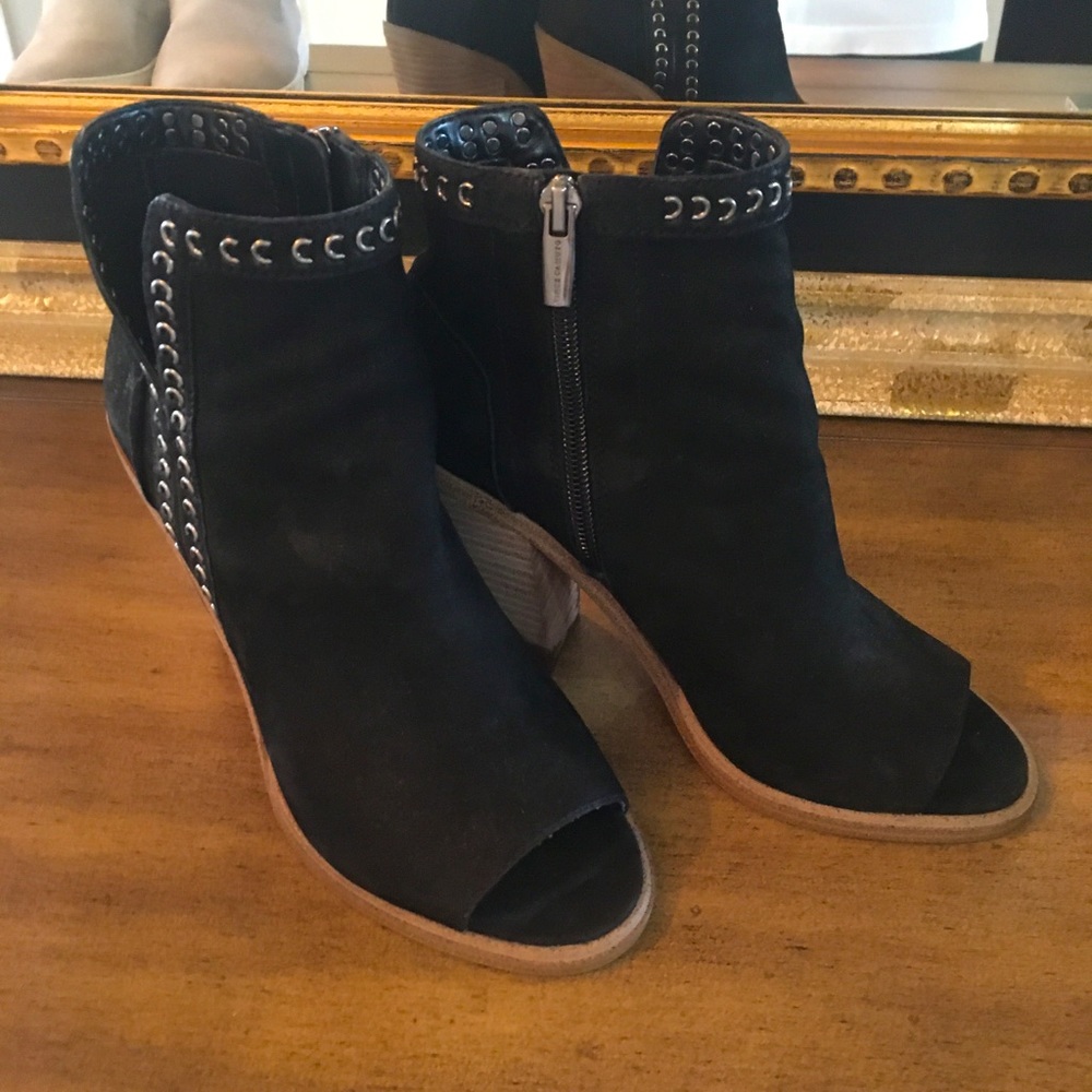 Vince Camino black suede peep toe booties, 6.5